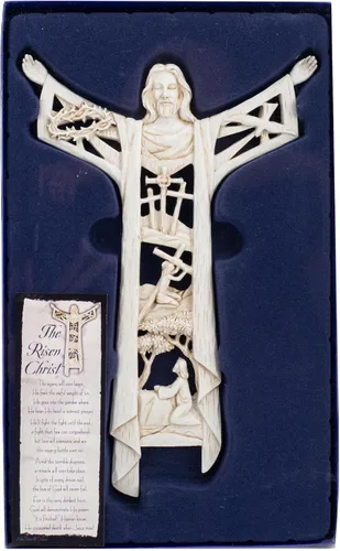 Vista 5 de The Risen Christ Calvary Story - Cruz de pared de piedra de resina de grano de madera de 11 pulgadas