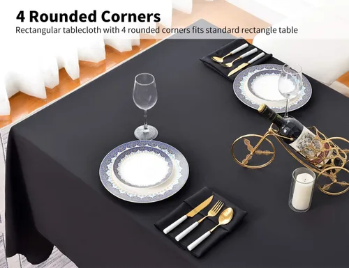 Vista 4 de Surmente Mantel rectangular de poliéster de 60 x 102 pulgadas para bodas, banquetes o restaurantes (negro, paquete de 2)