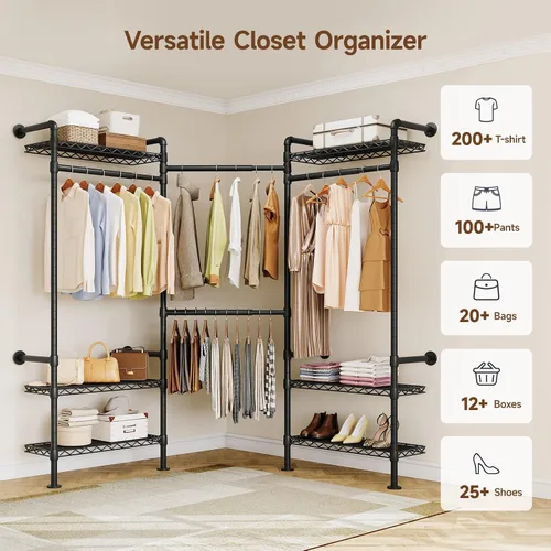 Vista 8 de L3 - Sistema de organizador de armario industrial de tuberías, perchero de pared con 4 varillas telescópicas y 6 estantes, sistema de armario Negro