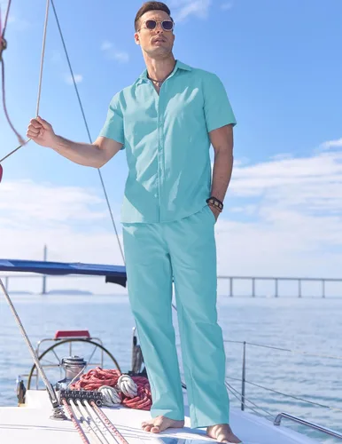 Vista 2 de COOFANDY Conjunto de lino para hombre, 2 piezas, casual, camisa con botones, pantalones con cordón