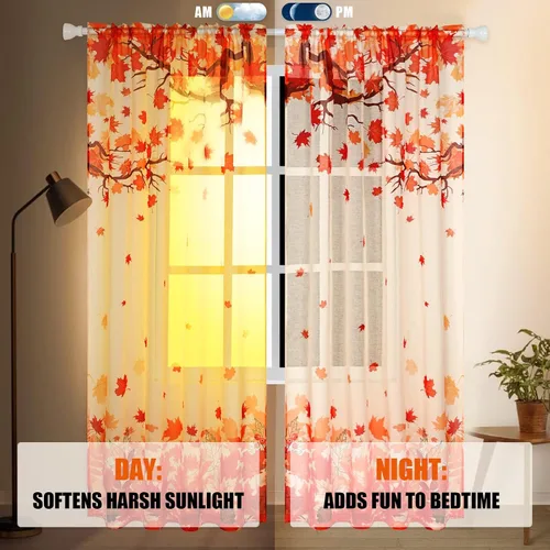 Vista 7 de FRAMICS Cortinas traslúcidas de otoño de Acción de Gracias para sala de estar, cortinas de hojas de arce que caen, 2 paneles de cortinas de gasa