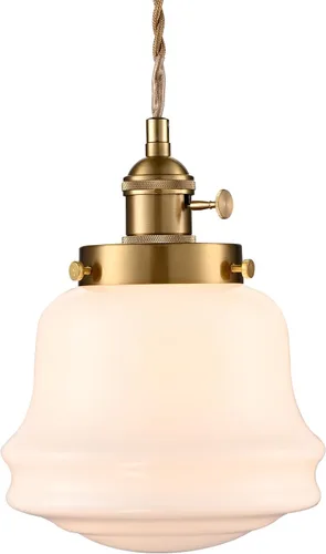 Vista 2 de Lámpara colgante de vidrio de leche industrial de 6 pulgadas, lámpara colgante de latón vintage ajustable, iluminación colgante retro de mediados