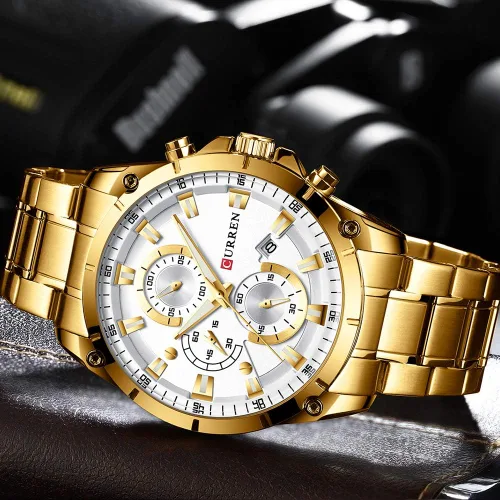 Vista 4 de CURREN Reloj para hombre de acero inoxidable cronógrafo de cuarzo para hombre reloj deportivo fecha Relogio Masculino reloj Hombr Dorado blanco