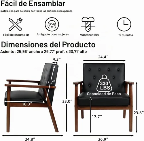 Vista 2 de STHOUYN Sillas decorativas de cuero negro, sillas de sala de espera con brazos de madera, silla con brazo para invitados de oficina, silla moderna