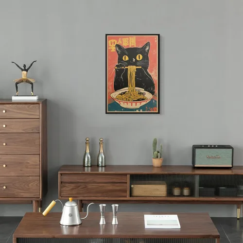 Vista 7 de Arte de pared vintage de gato japonés en lona, póster de gato negro peculiar comiendo ramen, impresión de arte retro de animales divertidos