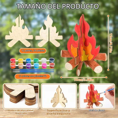 Vista 2 de DoubleFill Juego de 12 manualidades de madera para pintar rebanadas de madera sin terminar, forma de llamas, camping, manualidades, 3D, centro
