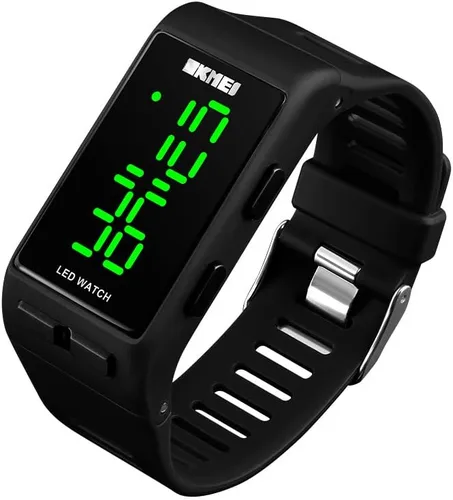 Vista 2 de Reloj digital deportivo rectangular negro para hombre, impermeable, pantalla LED, gran cara, militar, luminoso, cronómetro, alarma, militar, reloj