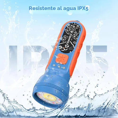 Vista 8 de ETENWOLF L1 Linterna recargable para niños, linterna LED con divertidas pegatinas DIY, 6 modos de luz, brillo ajustable, batería de 1500mAh