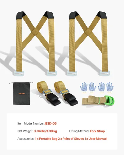 Vista 7 de VEVOR - Correas de mudanza, sistema de elevación para 2 personas con 2 correas de arnés, 2 de carga y 1 manual, correas ajustables para elevar