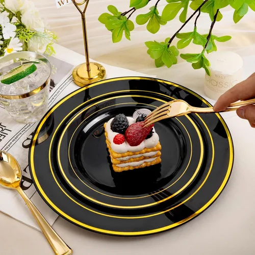 Vista 4 de bUCLA Juego de vajilla desechable de 600 piezas, color negro y dorado, platos de plástico negro desechables para fiestas, incluye 100 platos