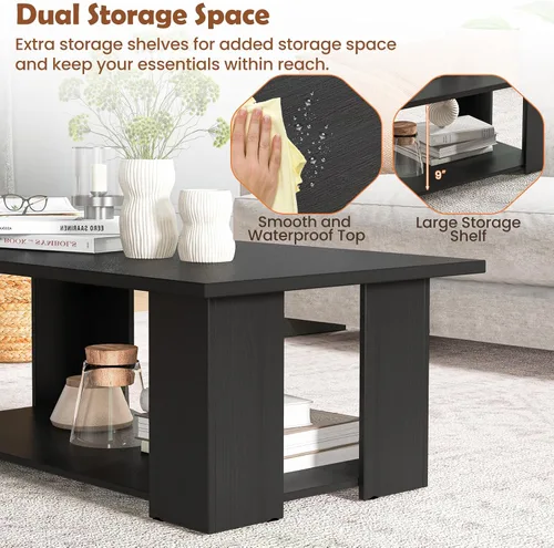 Vista 3 de Giantex Mesa central rectangular de madera, mesa de té moderna grande de 41 pulgadas y 2 niveles con compartimento abierto, fácil montaje, mesa