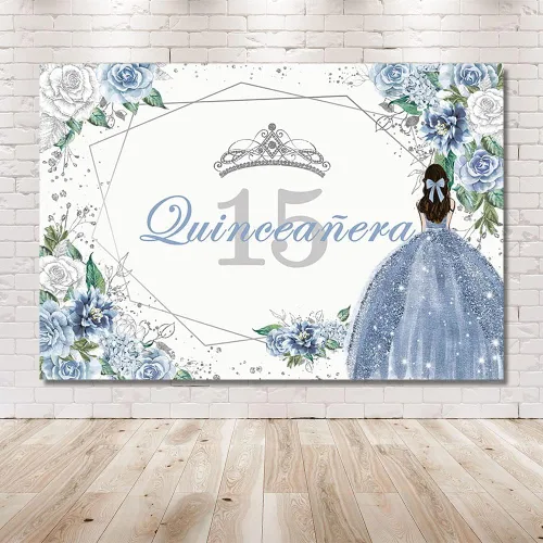 Vista 6 de MEHOFOND Telón de fondo de quinceañera con 15 letras para fiesta de niñas de 15 años con texto en inglés «Sweet 15 Quince años», fondo floral azul
