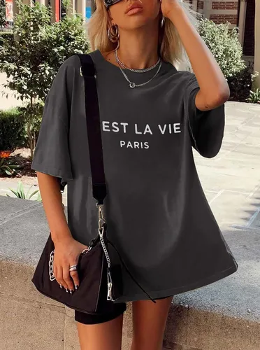 Vista 2 de CSDAJIO Camiseta holgada de manga corta para mujer, estilo casual, de gran tamaño, cuello redondo, con estampado de verano