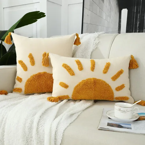Vista 4 de Juego de 2 fundas de almohada bohemias de 18 x 18 pulgadas, fundas de almohada decorativas de sol con borlas, fundas de almohada modernas marroquíes