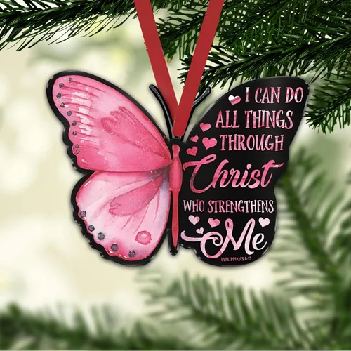 Vista 6 de Talataca Mariposa rosa con texto en inglés "I Can Do All Things Through Christ Strengthens Me" 2D Flat Car Rear View Mirror Accessories Christmas