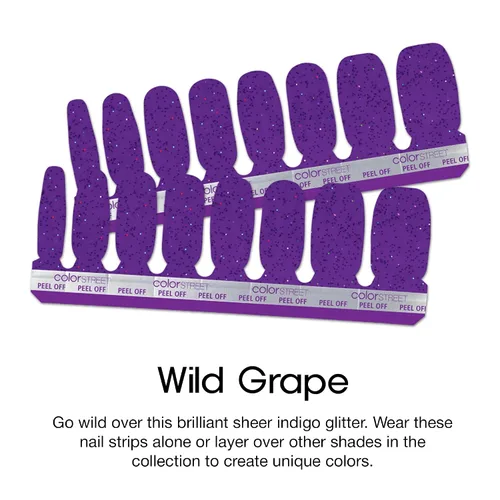 Vista 3 de Color Street Tiras de uñas Wild Grape – Brillantina índigo transparente brillante – Capa sobre otros tonos de acabado brillante – 16 tiras de doble