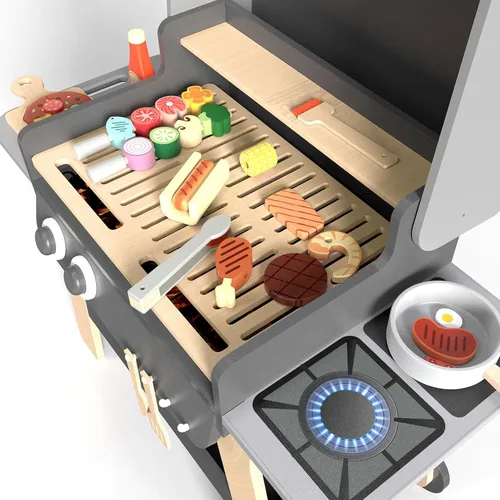 Vista 7 de Juego de barbacoa para niños, juguete de cocina para niños pequeños y niños de 3 a 8 años, juguetes de cocina de madera para interiores