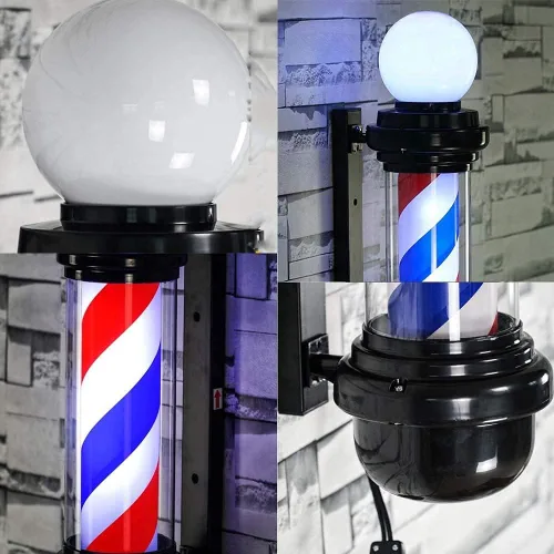 Vista 2 de Luz de poste de peluquería de 35 pulgadas, letrero abierto de peluquería de estilo clásico, tiras LED giratorias en blanco y negro, IP54