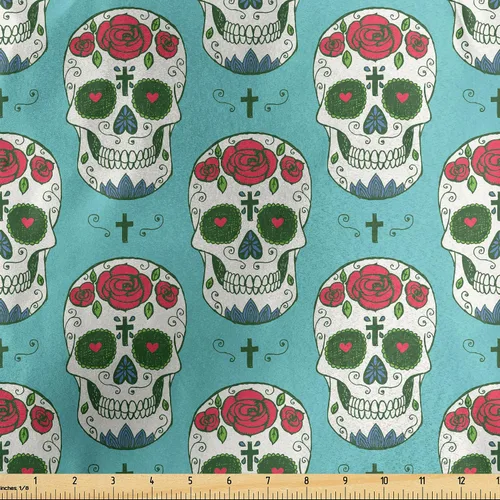 Vista 144 de Ambesonne The Yard, tela de calavera colorida con temática de Halloween, diseño de calavera y huesos cruzados, divertido estampado de dibujos