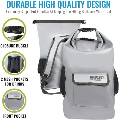 Vista 6 de Mochila impermeable Chaos Ready, bolsa seca, resistente, correas acolchadas para el hombro, bolsillos laterales de malla, fácil acceso al bolsillo