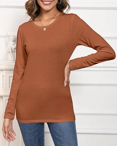 Vista 4 de 2 camisetas de manga larga para mujer, cuello redondo, ajustadas, básicas, blusas