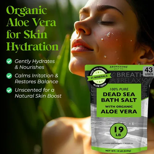 Vista 3 de Aromasong Sal del Mar Muerto con aloe vera orgánico, sales de baño de spa, paquete resellable fino a granel de 19 libras, 100% pura y natural