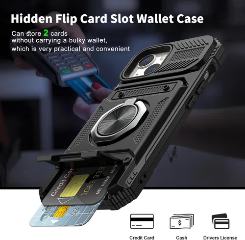 Vista 2 de Vofolen - Funda tipo cartera para iPhone 13 con tarjetero [tienda de 2 tarjetas], color negro 360°Magnetic Ring Stand Dual Layer Heavy Duty