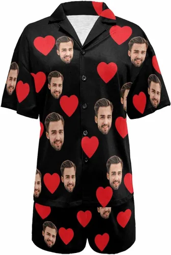 Vista 5 de Artsadd Pijamas personalizados a juego para parejas, para él y ella, conjunto de pijama corto con foto personalizada, para mujeres y hombres