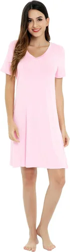 Vista 4 de NACHILA Camisones de viscosa para mujer, hechos de bambú, suaves camisas de dormir de manga corta, ropa de dormir suelta