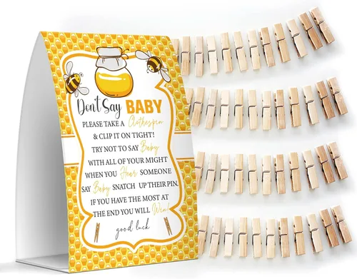 Vista 14 de Juego de texto en inglés "Don't Say Baby", un letrero de 5 x 7 pulgadas y 50 mini pinzas para la ropa, juegos de baby shower, decoración de baby