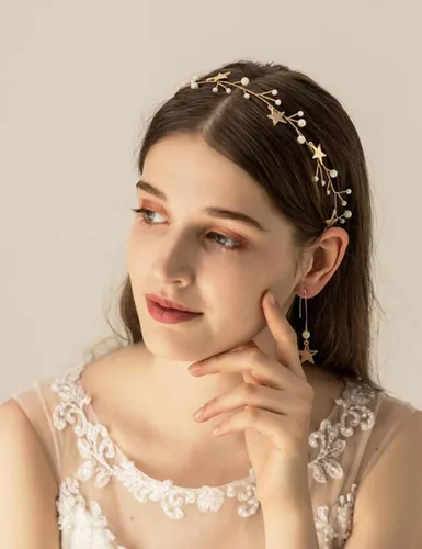 Vista 3 de Juego de aretes con diadema de perlas y lentejuelas, accesorios dorados para el cabello, borla y estrella, joyería para ella, regalo para mujeres
