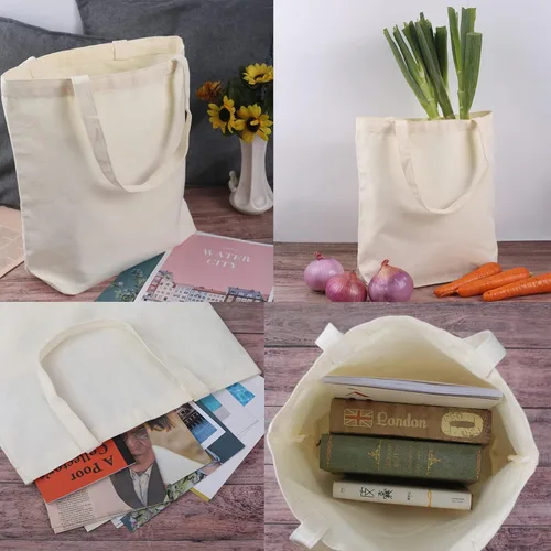 Vista 4 de Veyist 2 bolsas de lona grandes reutilizables, bolsas de lona multiusos en blanco, adecuadas para proyectos de bricolaje, comestibles, compras.