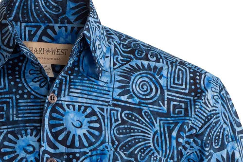Vista 3 de Johari West Camisa de batik hawaiana tropical de verano de Antigua, Azul
