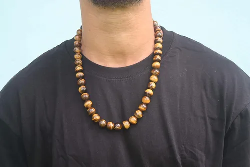 Vista 2 de Mens Tiger Eye Necklace - 14mm Large Beaded Necklace - Prosperity Crystals - Anti Depression Jewelry - 24 Inch Chain - Healing Crystal Jewelry