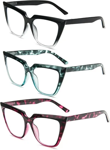 Vista 2 de Gafas de lectura de ojo de gato para mujer, de gran tamaño, bloqueo de luz azul, para lectura de computadora, paquete de 3 + 1.0