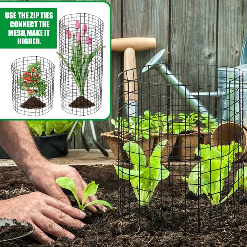 Vista 5 de Zubebe 12 juegos de protectores de plantas de alambre de animales de 14 pulgadas de alto x 12.8 pulgadas de profundidad, jaula de malla metálica