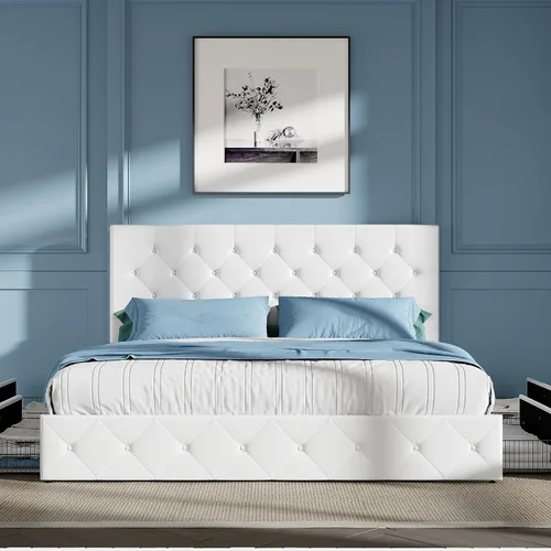 Vista 3 de HOOMIC Marco de cama de almacenamiento de plataforma King con 4 cajones y cabecera ajustable, listones de madera, no necesita somier, diseño Blanco