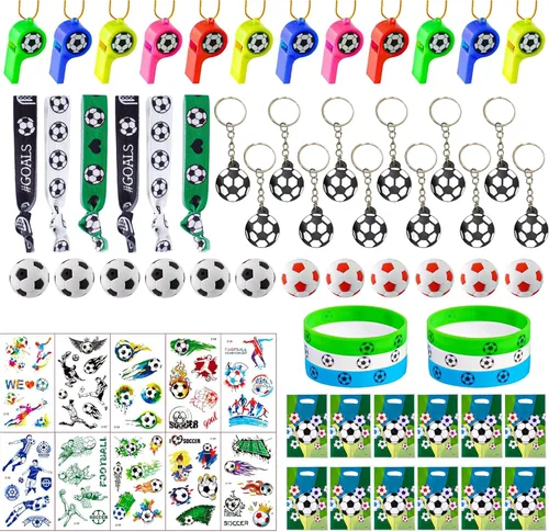 Vista 2 de Juego de suministros de fiesta de fútbol con 80 piezas temáticas de fútbol, decoraciones de fiesta de cumpleaños, calcomanías de juguete, borrador