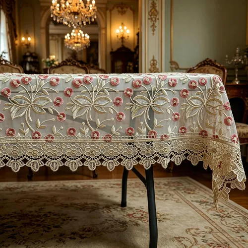 Vista 5 de Mantel de encaje cuadrado elegante bordado para boda, banquete, fiesta de cumpleaños, mesa de comedor formal, cubierta a prueba de polvo, color rojo