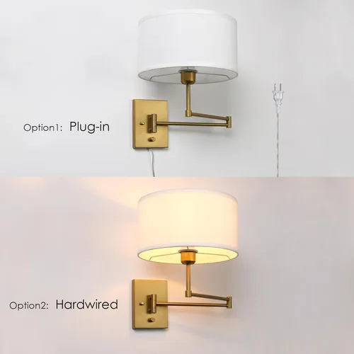 Vista 6 de Aplique de pared con cable enchufable de tela vintage, lámpara de pared con brazo oscilante para interiores con interruptor de encendido/apagado