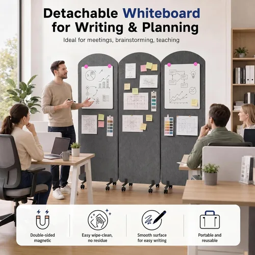 Vista 4 de 3-Panel Portable Office Partition, Acoustic Wall Divider with whiteboard Gris Oscuro
