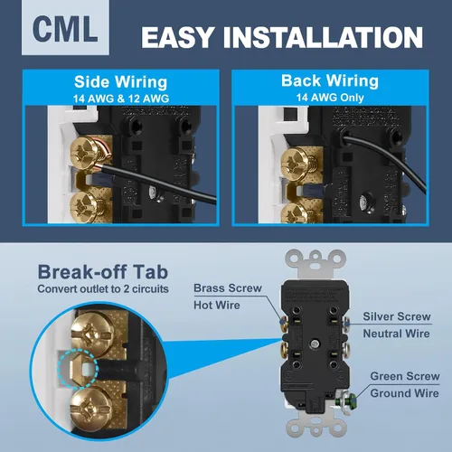 Vista 5 de CML - Paquete de 50 tomas de corriente de 15 amperios resistentes a manipulaciones, certificación UL Decorator Electrical Outlets, 15A/125V, NEMA