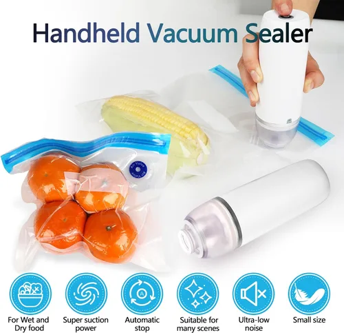 Vista 5 de Sellador al vacío de mano para alimentos, juego de máquina selladora al vacío inalámbrica portátil con 10 bolsas Sous Vide para almacenamiento