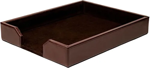 Vista 5 de Dacasso Bandeja de lujo de cuero regenerado marrón oscuro, organizador de papel para artículos esenciales de oficina y decoración de escritorio