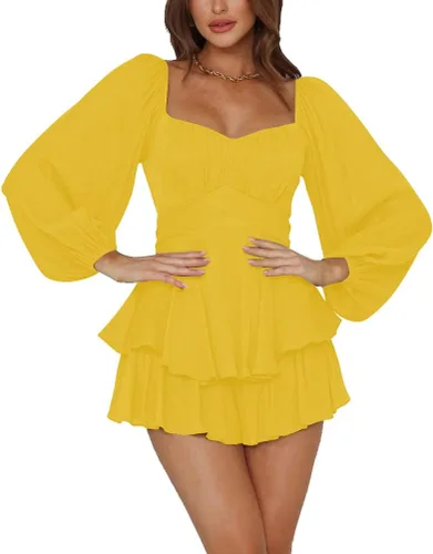 Vista 20 de LYANER Mono de Mujer de Manga Farol Larga con Volantes en Capas y Lazo Mini Corto Romper