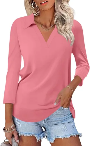 Vista 31 de TICTICMISS - Camisas polo de cuello en V para mujer, manga 3/4, con cuello, tops casuales de negocios, tops de verano a la moda, holgados