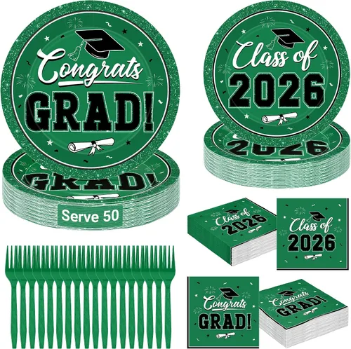 Vista 19 de QZYL 200 suministros para fiesta de graduación 2026, platos y servilletas de graduación negros y dorados, platos de postre desechables y tenedores