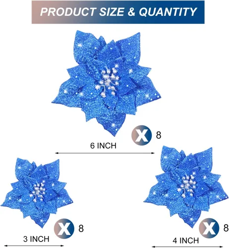 Vista 3 de Boao 24 piezas de flores de Pascua artificiales con purpurina, flores de Pascua para decoración de boda, árbol de Navidad, 3/4/6 pulgadas (azul)