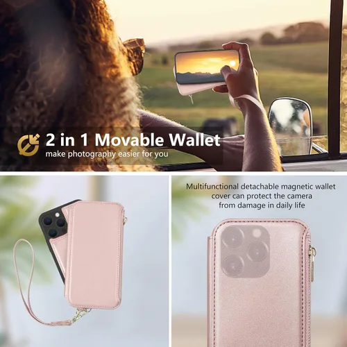 Vista 7 de Funda con cremallera para iPhone 15 Pro, 2 en 1, magnética, desmontable, protección para tarjetas RFID, 6 ranuras para tarjetas, bolsillo