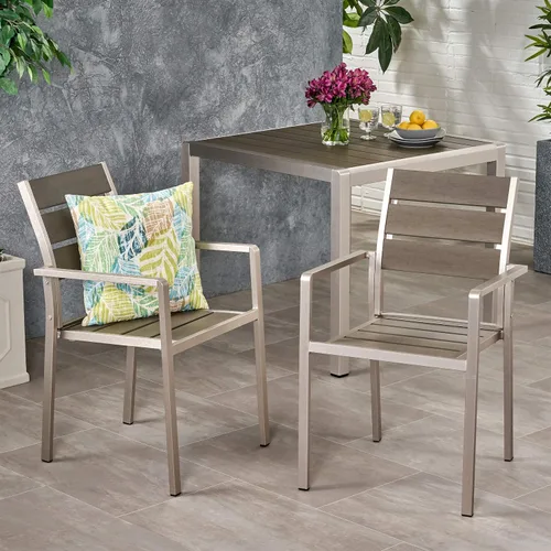 Vista 2 de GDFStudio Silla de comedor de aluminio moderna para exteriores con asiento de madera sintética (juego de 2), gris y plateado